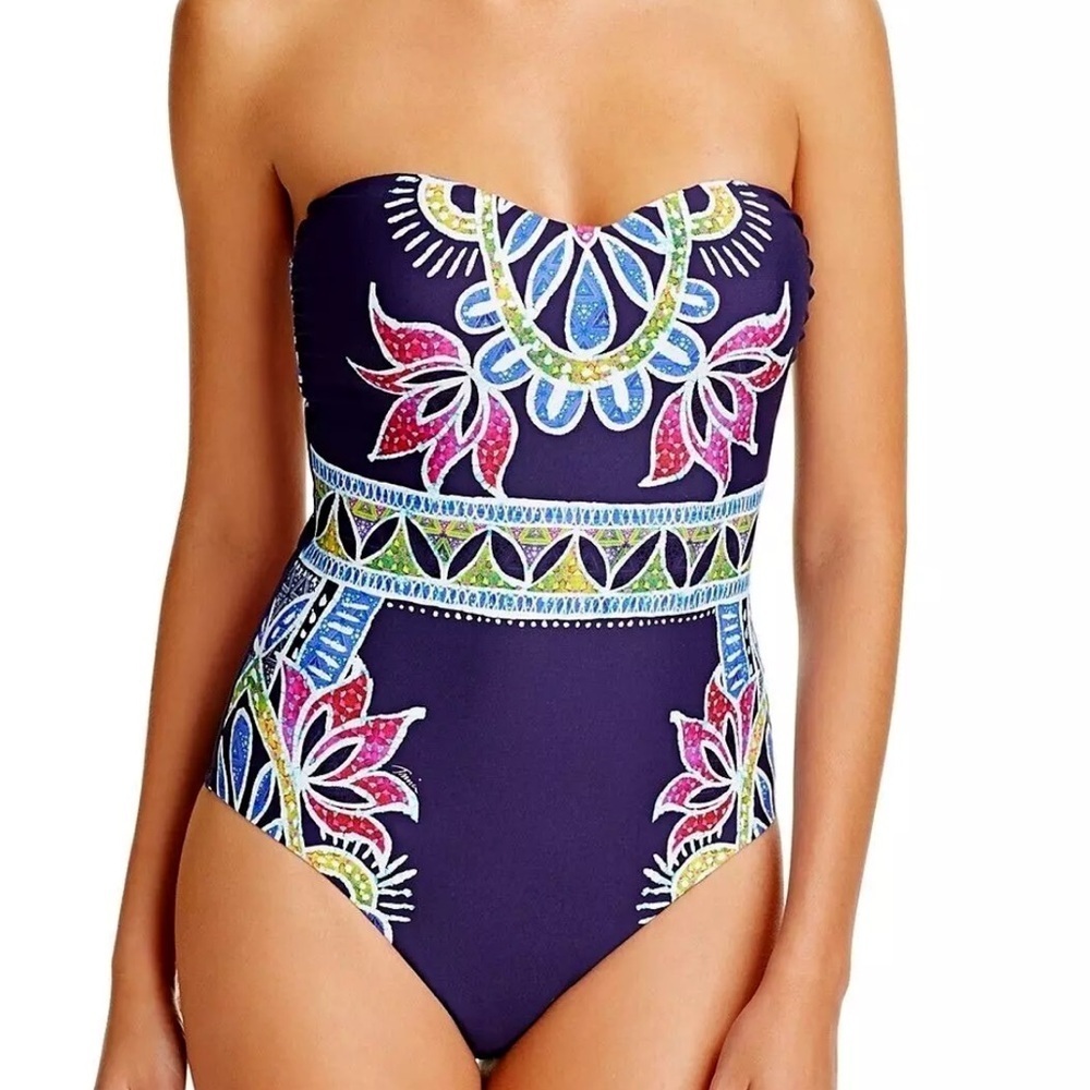 TRINA TURK MIDNIGHT BLUE LOTUS BATIC SIZE 6 vacation beach modest poolside - Picture 3 of 15
